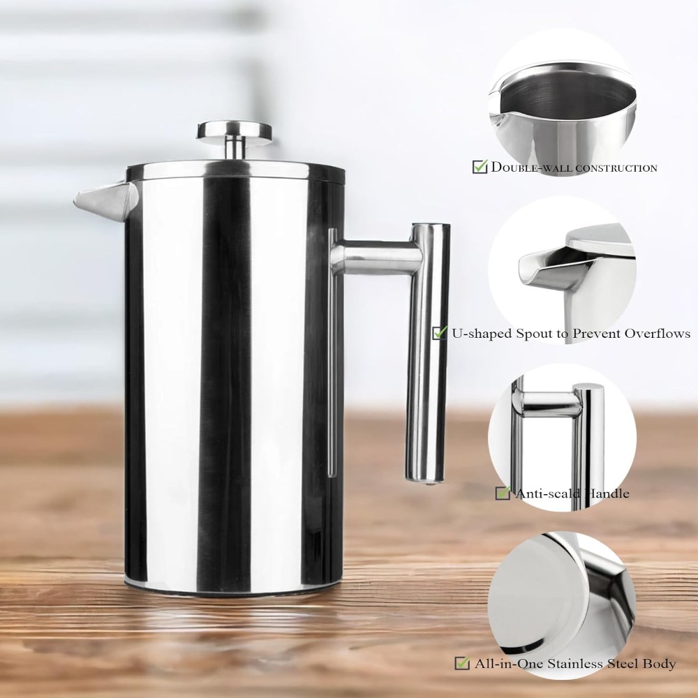 French Press Coffee Maker - เครื่องชงกาแฟเฟรนช์เพรส สแตนเลส 304 ผนังสองชั้น เก็บความร้อนได้ดี สำหรับกาแฟบดละเอียด
