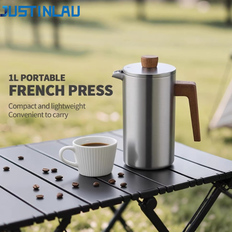 French Press Coffee Maker - หม้อเฟรนช์เพรสสแตนเลส JUSTINLAU ขนาด 1000 มล. พร้อมด้ามจับไม้และมาตรวัด
