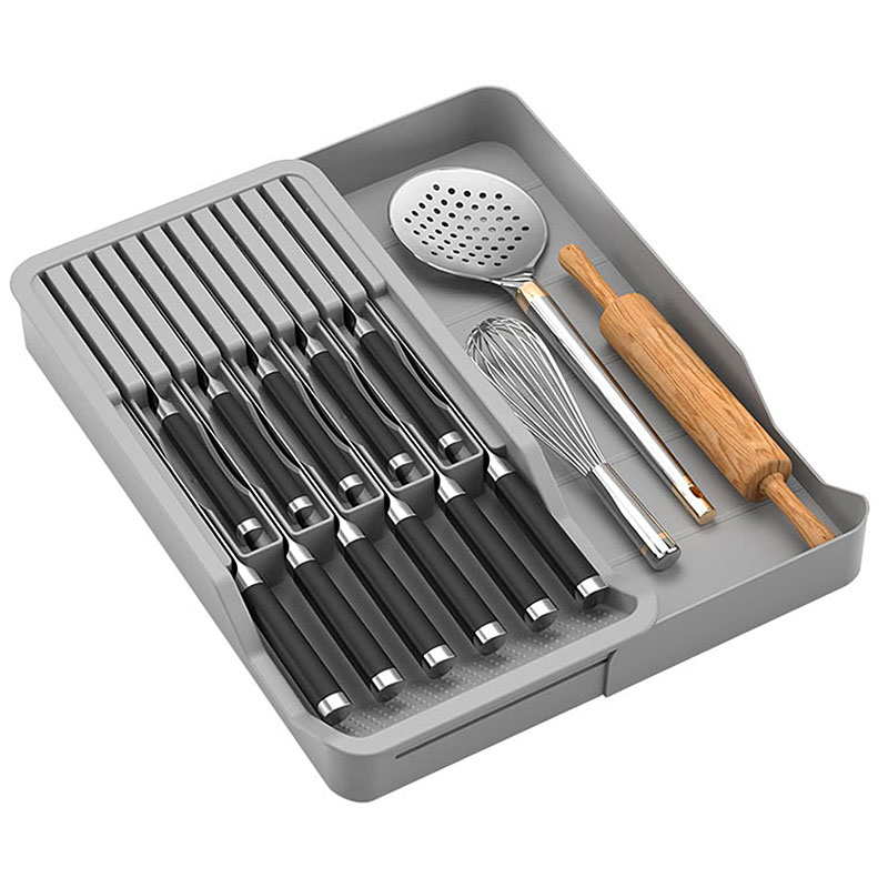 Kitchen Gadgets Hacks - ที่ใส่มีดแบบพับเก็บได้พร้อมถาดจัดระเบียบแบบขยายได้สำหรับวางบนเคาน์เตอร์ห้องครัว